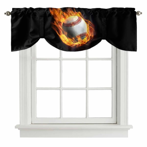 Baseball Tie Up Valance Curtains for Windows, Kitchen Curtains Window Treatments, Modern Buruning Flame Sport Black Background Short Window Shades Valances for Bedroom Bathroom Cafe 42"x12"