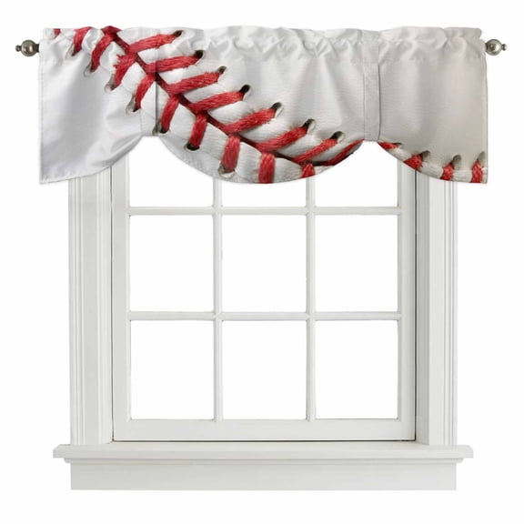 Baseball Tie Up Valance Curtains for Windows, Kitchen Curtains Window Treatments, Red White Texture Sports Ball Minimalist Short Window Shades Valances for Bedroom Bathroom Cafe 42"x12"