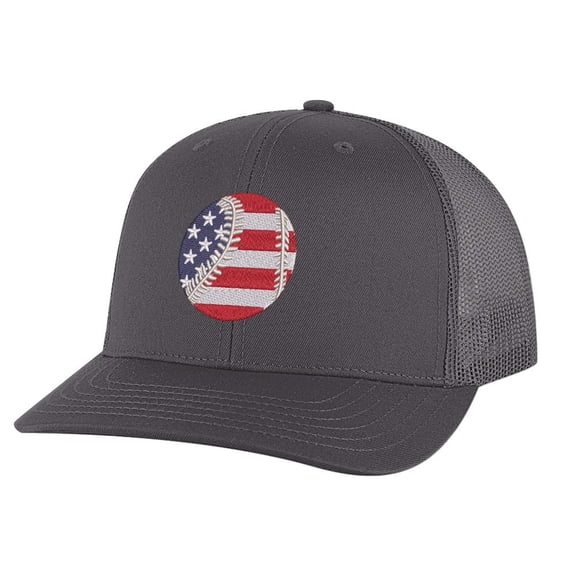Baseball Trucker Hat - Embroidered American Flag Baseball - Patriotic Snapback Mesh Cap (Charcoal)