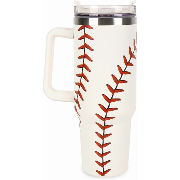 Baseball Tumbler with Lid Straw 40 Oz Sports Ball Stainless Steel Cup with Handle Red White Travel Coffee Tumbler for Home Office Birthday Party