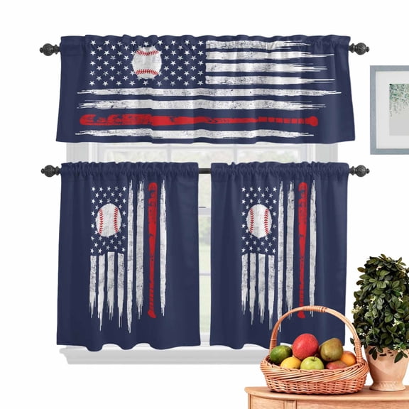 Baseball USA Flag Kitchen Curtains Valances 3 Piece Set, Distressed Vintage Red White Baseball Bat U.S. Flag Blue Rod Pocket Tier Curtain & Valance Drapes for Small Window 36 Inch Length for Bedroom