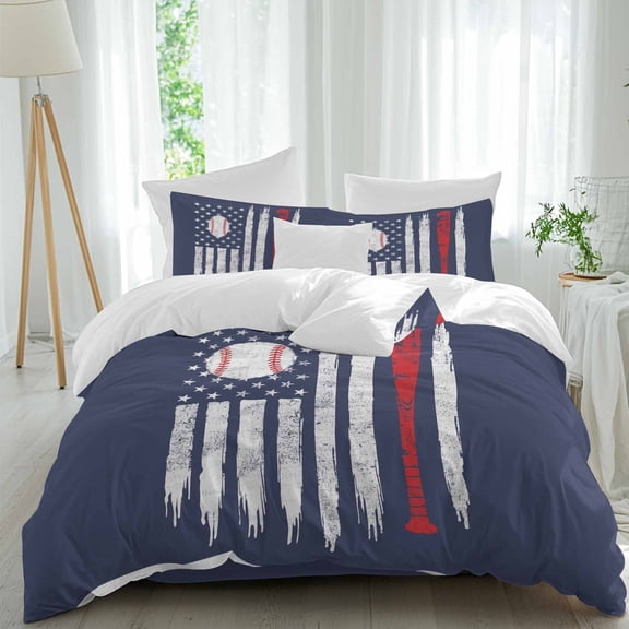 Baseball USA Flag Queen Size Comforter Set, Vintage Red White Baseball Bat U.S. Flag Blue Bedding for All Seasons, 4 Pcs Bed Set, 1Quiltcover (90"x92") ,1Sheet(94"x116"), 2Pillowcases (30"x20")