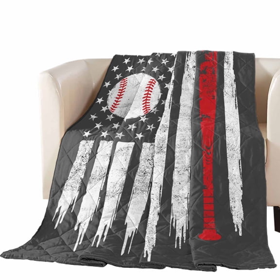 Baseball USA Flag Quilted Comforters Cooling Blanket Oversized Queen Size, Distressed Vintage Red White Baseball Bat U.S. Flag Grey Cold Comfort for Hot Sleepers Air Conditioning Quilt Blanket