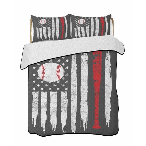 Baseball USA Flag Quilts Bedding Set California King Distressed Vintage Red White Baseball Bat U.S. Flag Grey Quilted Bedspread 3 Piece Bed Quilt with 2 Pillow Shams for Bedroom 96" x 106"