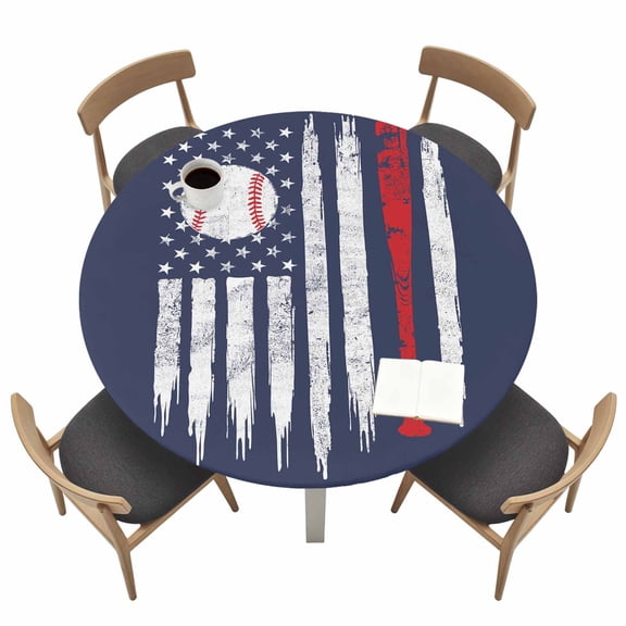 Baseball USA Flag Round Fitted Tablecloth with Elastic Edge Distressed Vintage Red White Baseball Bat U.S. Flag Blue Table Cover Fit for 45"-54" Tables Tablecloths for Dinner Camping Picnic