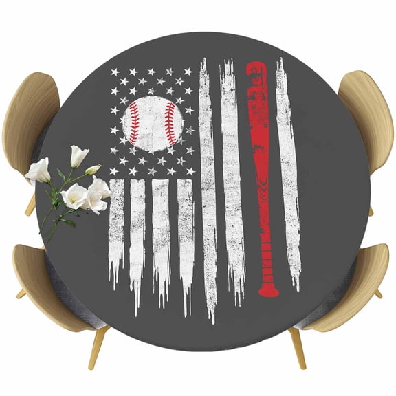 Baseball USA Flag Round Fitted Tablecloth with Elastic Edge, Distressed Vintage Red White Baseball Bat U.S. Flag Grey Stretch Table Covers for 45"-54" Tables Wipeable Table Cloth for Outdoor