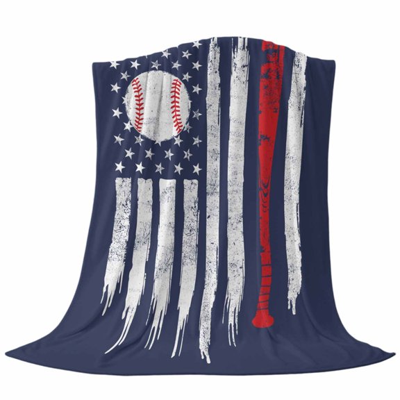 Baseball USA Flag Throw Flannel Blanket Distressed Vintage Red White Baseball Bat U.S. Flag Blue Super Soft Cozy Bed Blanket, Lightweight Plush Fuzzy Bed Throw for Bedroom Sofa Couch 32x48In,
