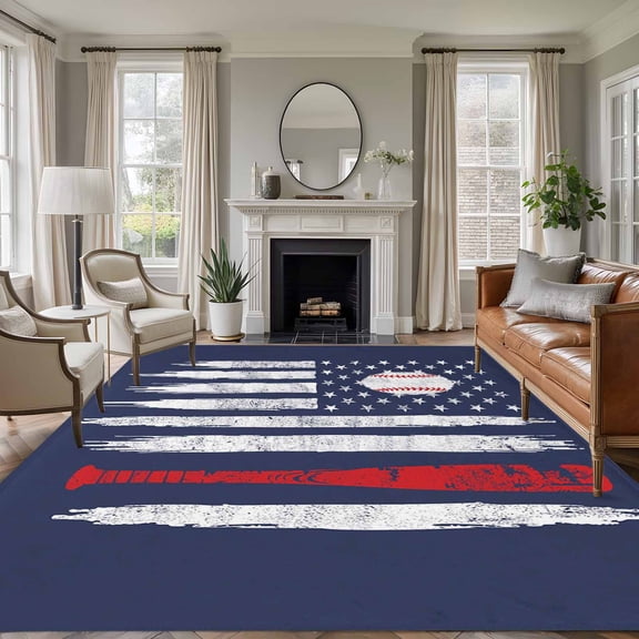 Baseball USA Flag Washable Area Rug 5 x 8 ft Distressed Vintage Red White Baseball Bat U.S. Flag Blue, Soft Non Slip Rugs Stain Repellent Indoor Felt Carpet for Living Dining Room Bedroom Home Office