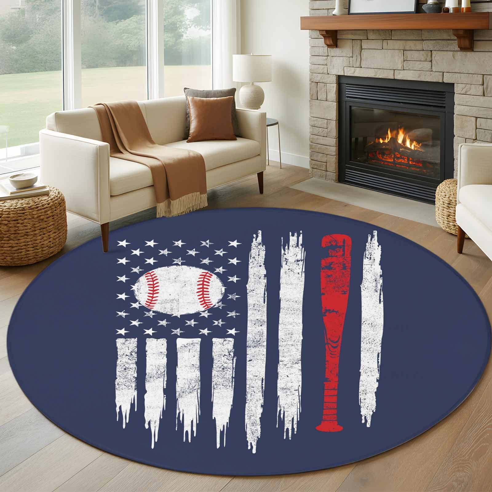Homebase Rug Baseball Baseball USA Flag Washable Round Area Rug 7 ft, Distressed Vintage Red ...