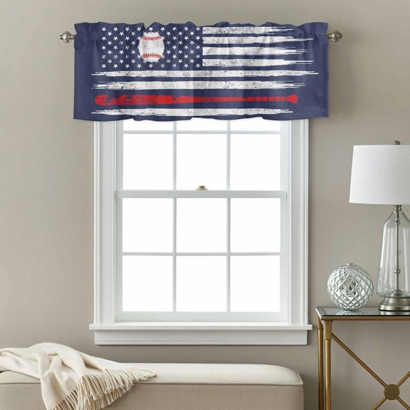 Baseball USA Flag Window Valance for Kitchen, Distressed Vintage Red White Baseball Bat U.S. Flag Blue Rod Pocket Short Curtain for Small Windows, Light Filtering Decorative Valance, 42 x 12 Inch