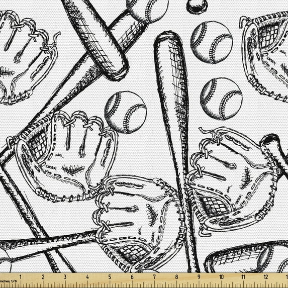 Ambesonne Baseball Fabric by the Yard Upholstery, Sketch Style Glove Bat, 2 Yards, Black White