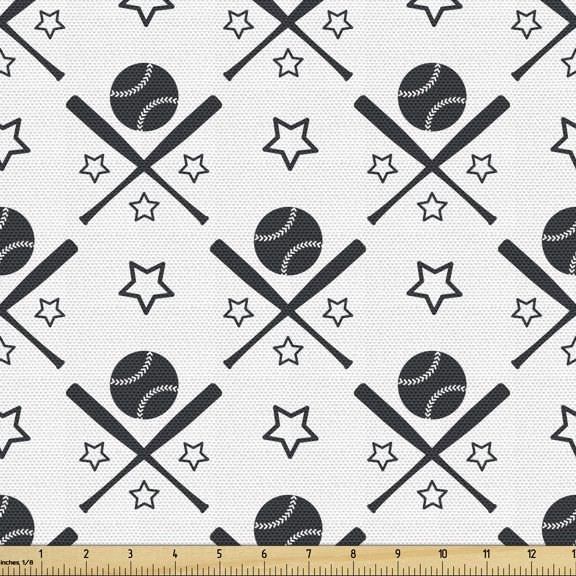 Ambesonne Baseball Fabric by the Yard Upholstery, Stars Bats Balls Design, 3 Yards, Charcoal Grey and White