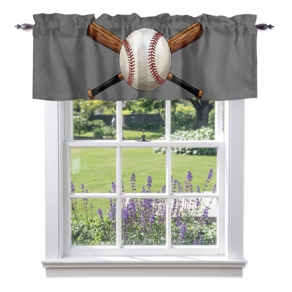 Baseball Valance Curtain Sports Gray Background Cartoon Window Valances Rod Pocket Short Curtains Window Treatments for Kitchen Bedroom Bathroom Laundry 54" x 18"