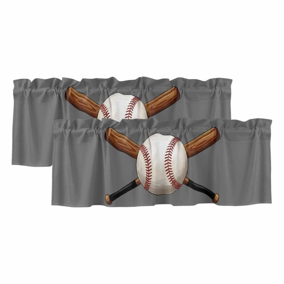 Baseball Valances for Window 2 Pack, Sports Gray Background Cartoon Rod Pocket Curtains Valances Light Filtering Short Curtains for Kitchen Bedroom Bathroom 42 x 12 Inch