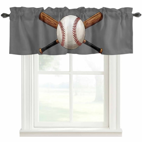 Baseball Valances for Windows Sports Gray Background Cartoon Rod Pocket Curtain Valance Window Treatment Short Curtains for Kitchen Living Room, 42"x12"