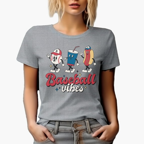 Baseball Vibes, Retro Art Merch Gift, Heather Grey T-Shirt, Small