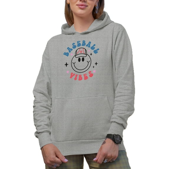 Baseball Vibes with a Retro Smiling Face Art Merch Gift, Heather Grey Hooded Sweatshirt or Hoodie, Small