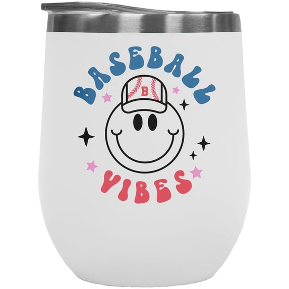 Baseball Vibes with a Retro Smiling Face Art Merch Gift, White 12oz Wine Tumbler