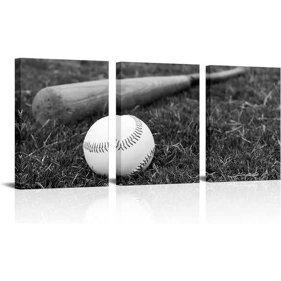Baseball Wall Art - Black and White Baseballl Sports Poster Prints Canvas Framed for Home Office Boys Bedroom Wall Decor12''''x 16''''x 3 Panels