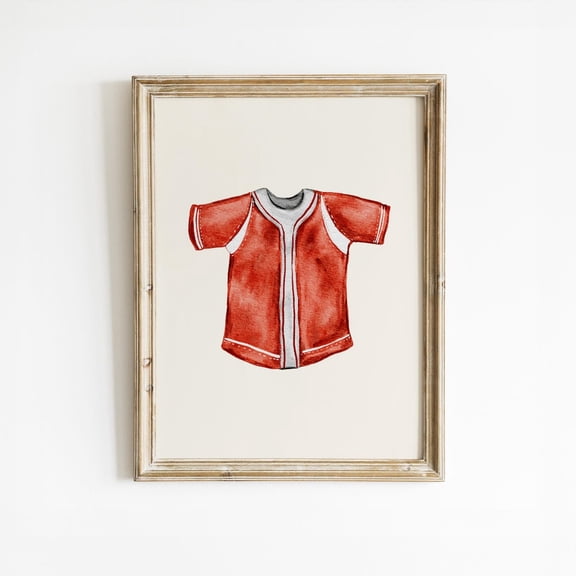 Baseball Wall Art Print Vintage Red Jersey Boys Room, Stretched Canvas 8x10in