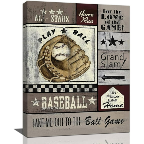 Baseball Wall Art Vintage Sport Theme Pictures Wall Decor Motivational Quotes Canvas Prints Painting Gifts for Baseball Lover Fans Framed Artwork for Playroom Classroom Gym 12"x16"