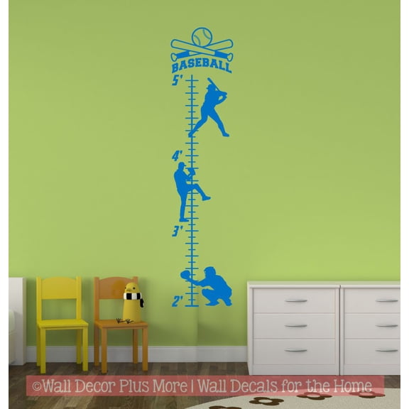 Baseball Wall Growth Chart for Kids - Height Measurement Decal- Boys Height Ruler Decal Sticker - Baseball Vinyl Wall Decor 10 x 44.5- Inch Traffic Blue
