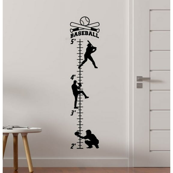 Baseball Wall Growth Chart for Kids - Baseball Vinyl Wall Decor- Boys Height Ruler Decal Sticker - Height Measurement Decal 10 x 44.5- Inch Black