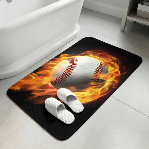 Baseball Washable Area Rugs for Living Room Bedroom, Large Non Slip Indoor Floor Carpet Absorbent Low Pile Modern Buruning Flame Sport Black Background Door Mat Rugs for Bathroom Entryway 47.2"x63"