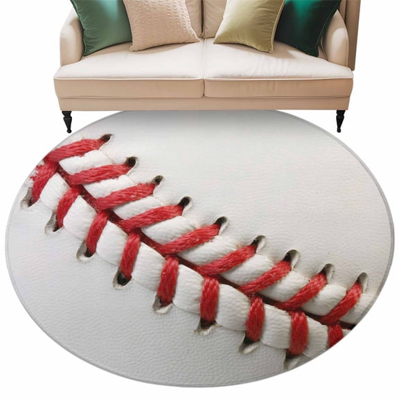Baseball Washable Round Rug 6ft Area Rug for Living Room, Soft Large Non-Slip Circle Dining Room Rugs Red White Texture Sports Ball Minimalist Carpet for Bedroom Entryway Classroom Dorm