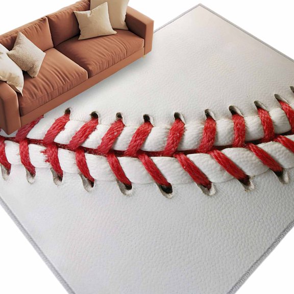 Baseball Washable Rug 5x7 Area Rugs for Living Room, Red White Texture Sports Ball Minimalist Large Bedroom Rug Soft Non-Slip Low Pile Floor Carpet for Dining Room Kitchen Office Laundry Nursery