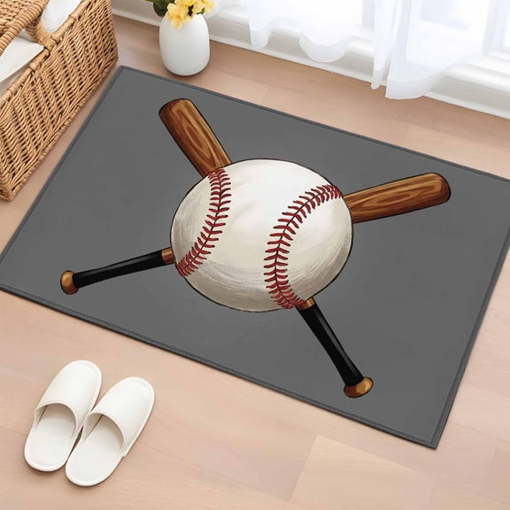 Baseball Washable Small Entryway Area Rugs 2'x3', Sports Gray Background Cartoon Low Pile Throw Rug Non-Slip Sturdy Edge Binding Carpet for Front Door Floor Room Entry