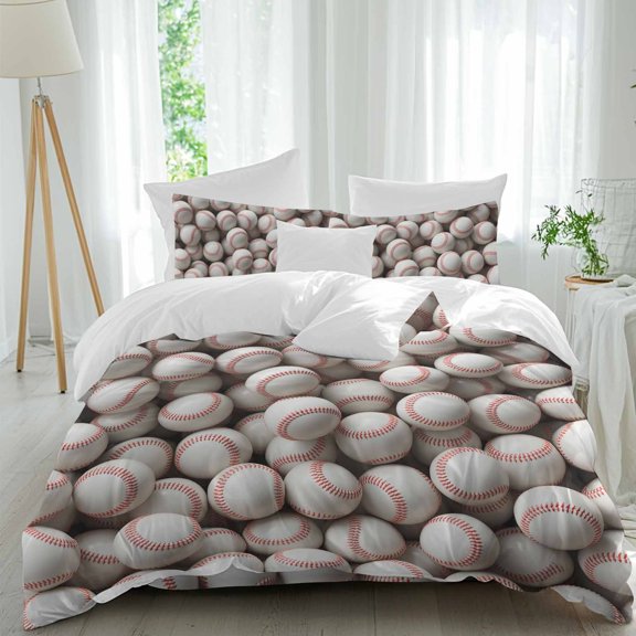 Baseball White Softball Full Size Comforter Set, Sport Theme Abstract Art Bedding for All Seasons, 4 Pcs Bed Set, 1Quiltcover (86"x86") ,1Sheet(80"x116"), 2Pillowcases (30"x20")