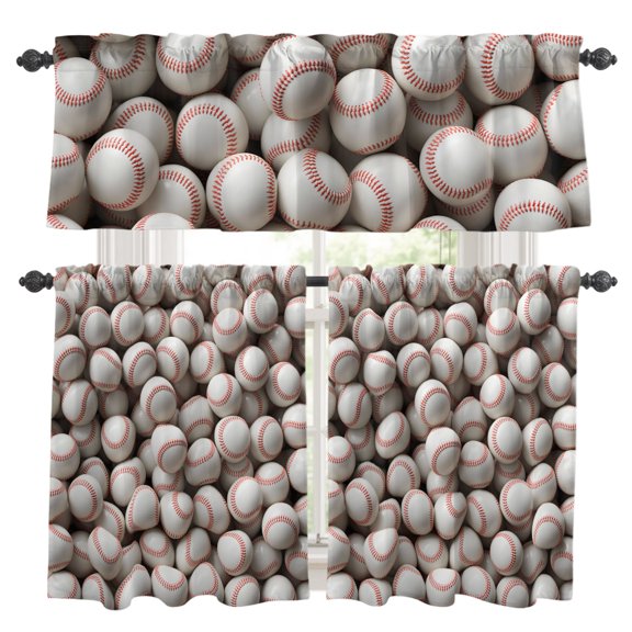 Baseball White Softball Kitchen Curtains Set for Windows, Sport Theme Abstract Art Curtains Valance and Tier 3 Piece Set Small Drapes 24 Inch Length for Kitchen Bedroom Decor