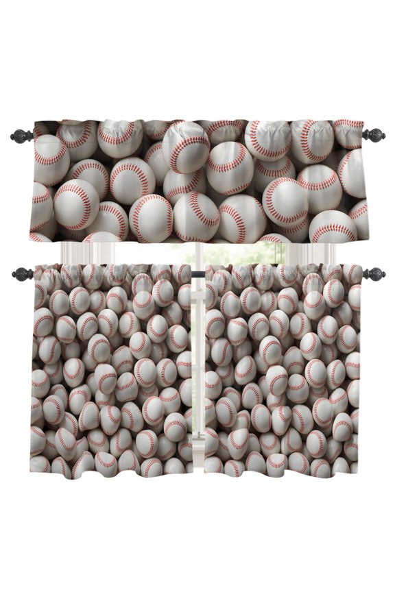 Baseball White Softball Kitchen Curtains Set for Windows, Sport Theme Abstract Art Curtains Valance and Tier 3 Piece Set Small Drapes 36 Inch Length for Kitchen Bedroom Decor