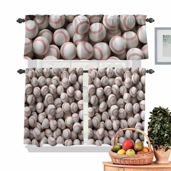 Baseball White Softball Kitchen Curtains Valances 3 Piece Set, Sport Theme Abstract Art Rod Pocket Tier Curtain and Valance Drapes for Small Window 24 Inch Length for Bedroom Cafe