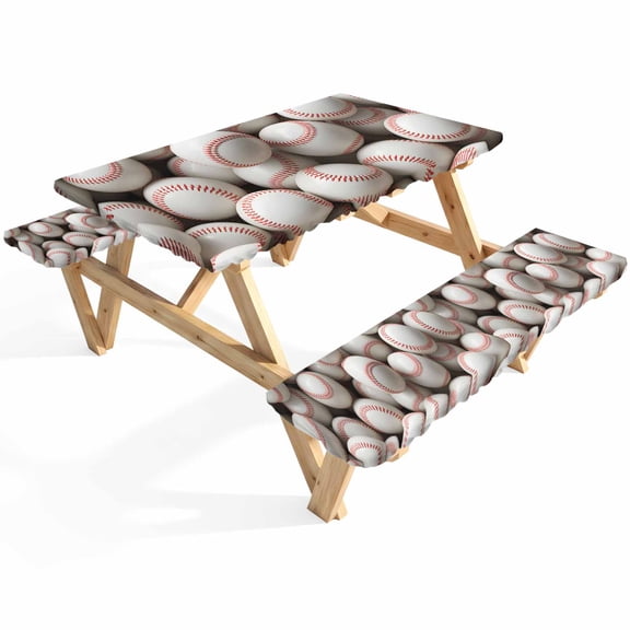 Baseball White Softball Picnic Table Cover with Bench Covers Sport Theme Abstract Art Waterproof Fitted Picnic Tablecloth 3 Pieces Set Table Cloth for Outdoor Camping Garden BBQ