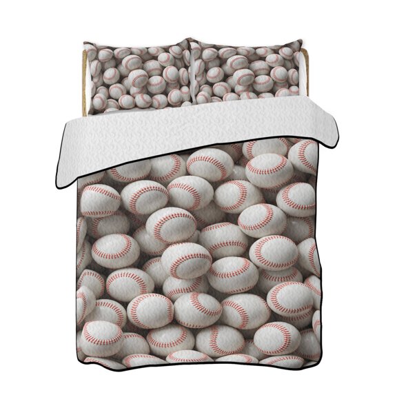 Baseball White Softball Quilts Bedding Set California King Sport Theme Abstract Art Lightweight Quilted Bedspread 3 Piece Bed Quilt with 2 Pillow Shams All Season for Bedroom 96" x 106"
