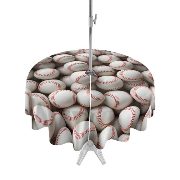 Baseball White Softball Round Outdoor Tablecloth with Umbrella Hole Sport Theme Abstract Art 54 Inch Round Waterproof Table Cover Zippered Table Cloth for Garden Patio