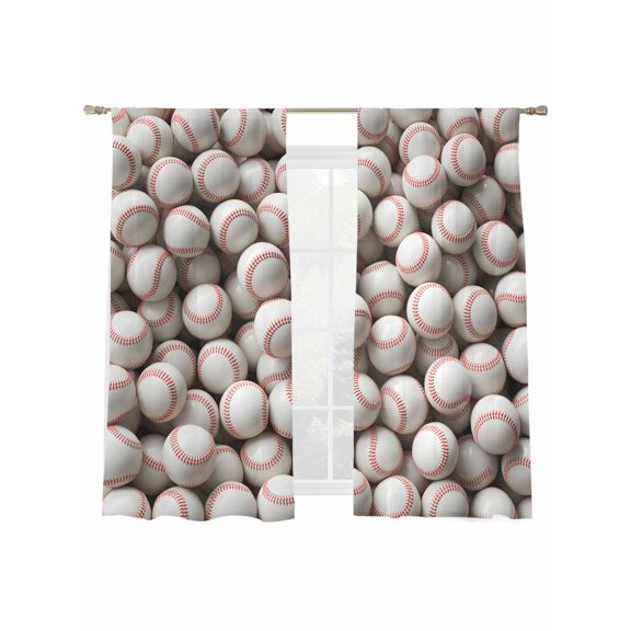 Baseball White Softball Sheer Curtains 2 Panels Set Sport Theme Abstract Art Sheer Window Curtains Light Filtering Rod Pocket Voile Drapes for Bedroom Living Room 52"x63"
