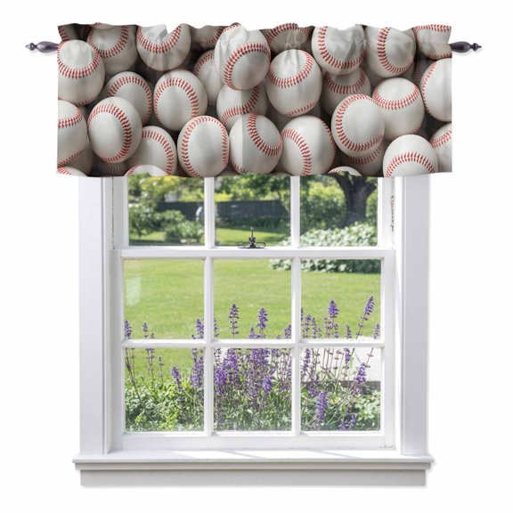 Baseball White Softball Valances for Windows Sport Theme Abstract Art Rod Pocket Cafe Window Treatments Valance Curtains for Kitchen Bathroom Laundry Basement Windows 42"x12"