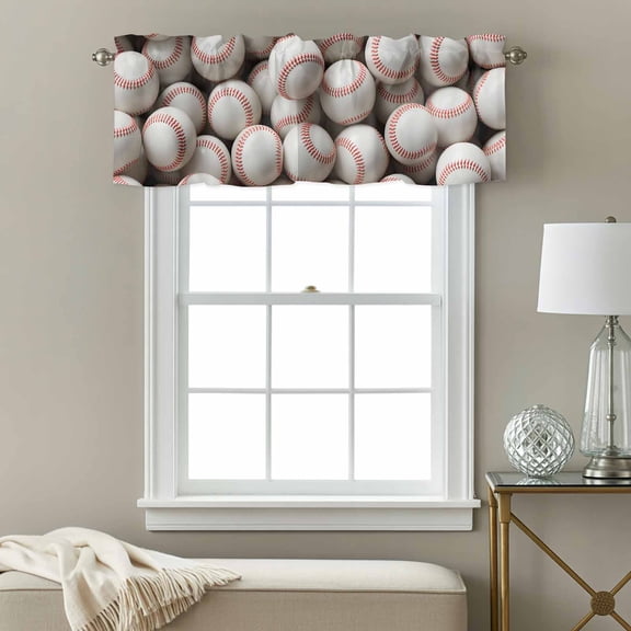 Baseball White Softball Window Valance for Kitchen, Sport Theme Abstract Art Rod Pocket Short Curtain for Small Windows, Light Filtering Decorative Valance, 42 x 12 Inch, 1 Panel