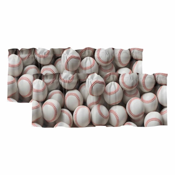 Baseball White Softball Window Valance, Sport Theme 2 Pack Decorative Curtain for Small Windows, Light Filtering Valance with 3” Rod Pocket, 42"W x 12"L