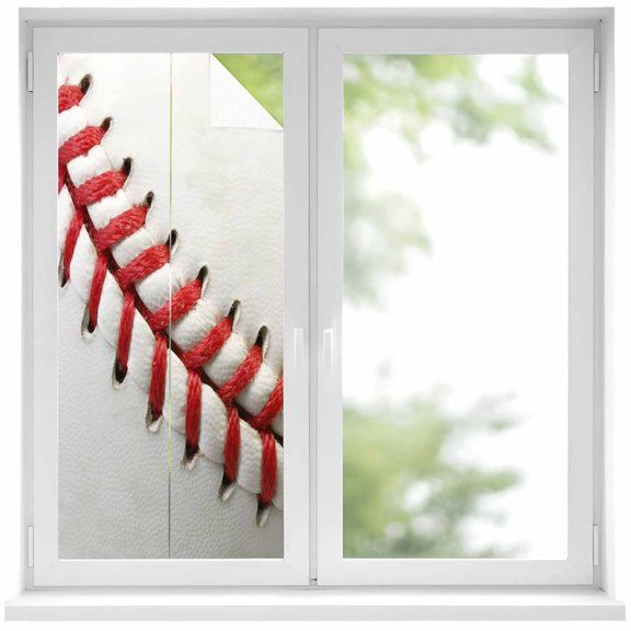 Baseball Window Privacy Film, Red White Texture Sports Ball Minimalist Static Cling UV Sun Blocking Heat Control Window Tint Day and Night, Non-Adhesive One Way Windows Privacy Cover 19.6''x39.3''
