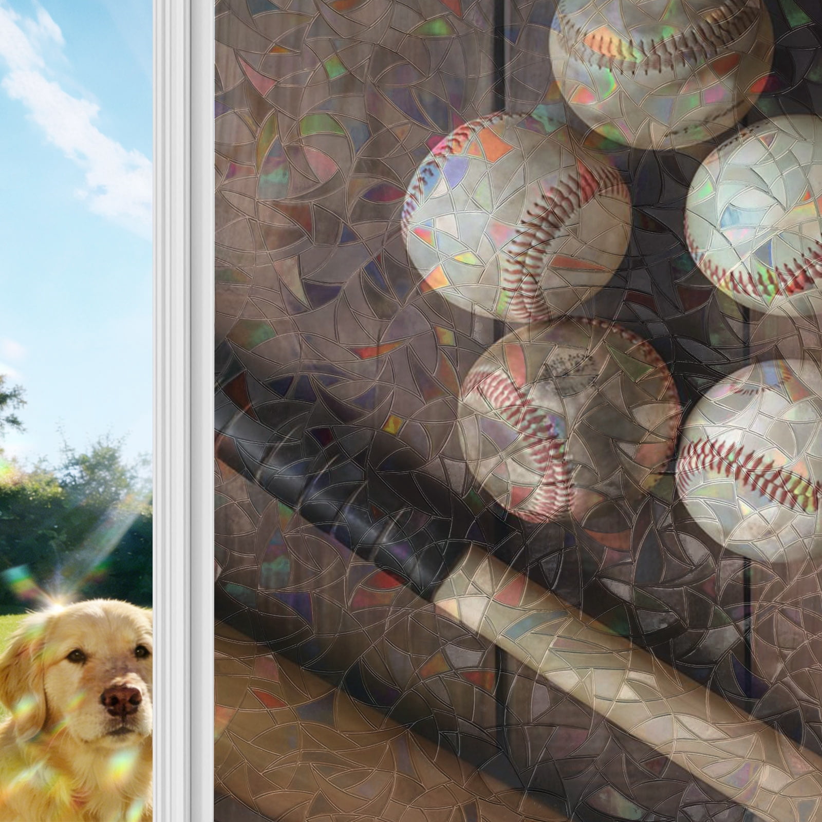 Baseball Window Privacy Film Stain Glass,Reusable Decorative Rainbow ...