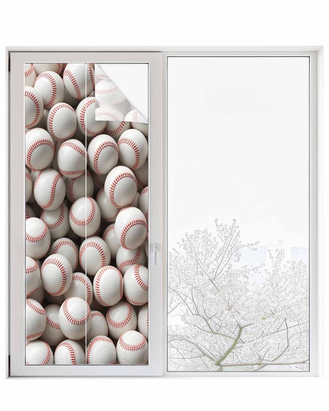Baseball Window Privacy Film Stained Glass Window Film Decorative Windows Cover Static Windows Cling for Glass Door White Red Art Sport Stickers for Bathroom 23.6"x59"