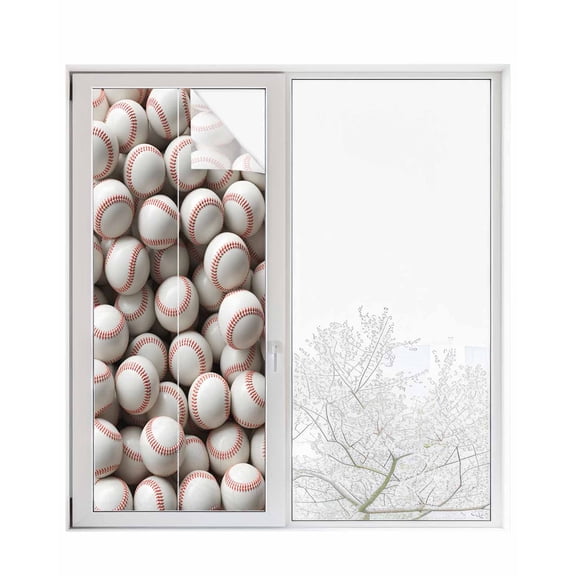 Baseball Window Privacy Film Stained Glass Window Film Decorative Windows Cover Static Windows Cling for Glass Door White Red Art Sport Stickers for Bathroom 23.6"x59"