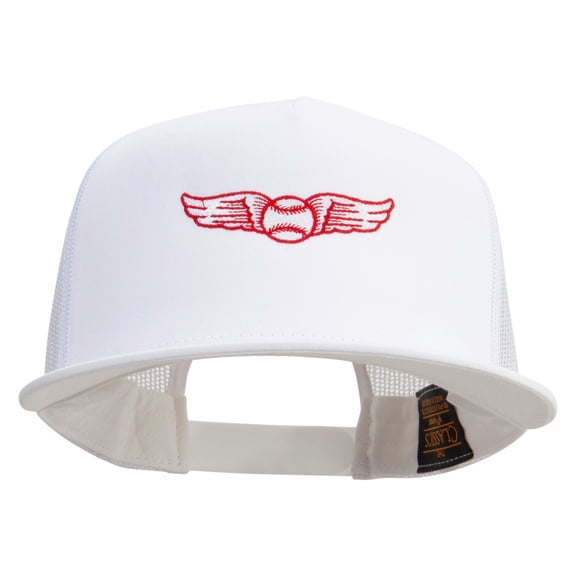Baseball Wing Embroidered 5 Panel Mesh Trucker Snapback Cap - White OSFM