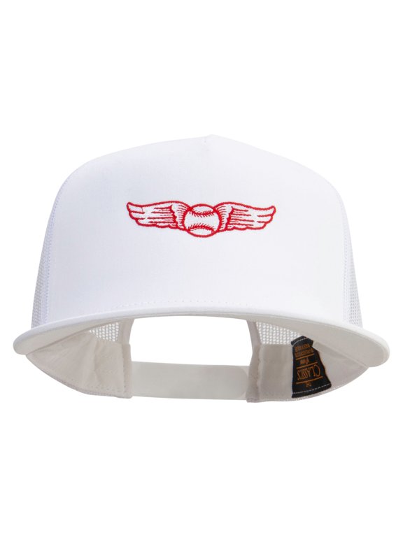 Baseball Wing Embroidered 5 Panel Mesh Trucker Snapback Cap - White OSFM