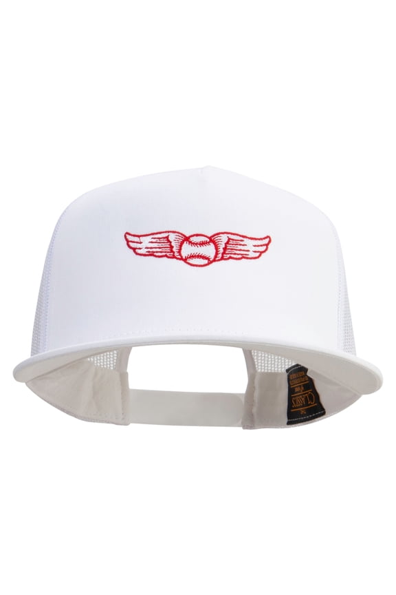 Baseball Wing Embroidered 5 Panel Mesh Trucker Snapback Cap - White OSFM