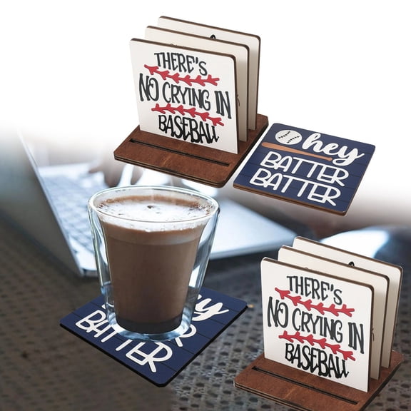 Baseball Wood Art Coaster Set of 5, DIY Craft Kit with Stand, Heat Resistant Drink Coasters for Home Office, Fun Sports Theme Table Protector, Creative Gift for Baseball Fans and Craft Lovers
